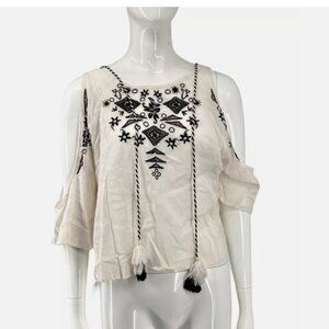 Divided H&M Women's Embroidered Gauze Top Blouse Shirt Cold Shoulder Tassels 8